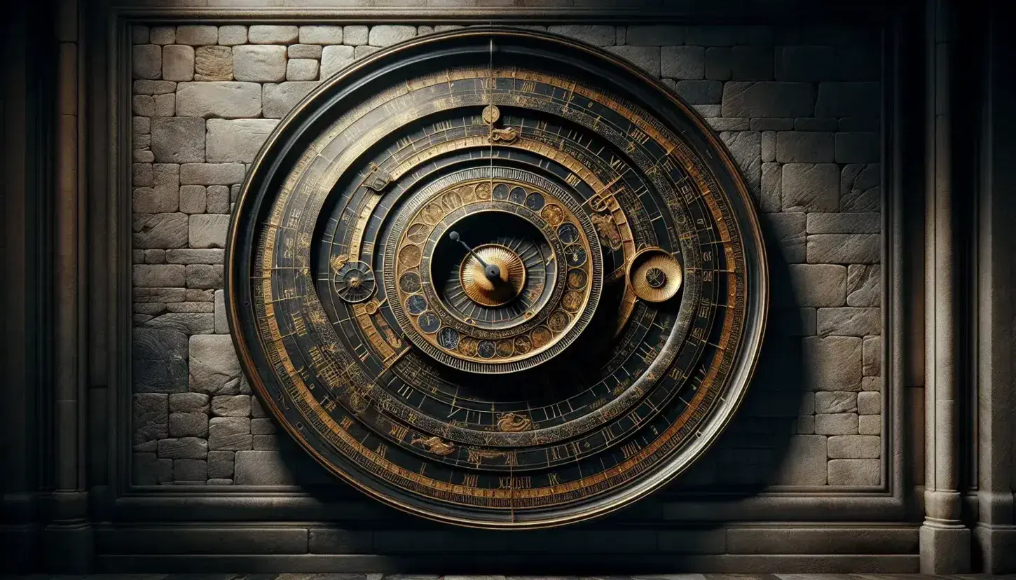 Orologio astronomico antico su muro di pietra con cerchi concentrici dorati, lancette decorate e numeri romani senza scritte leggibili.