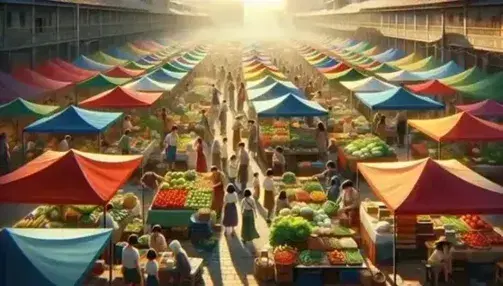 Mercado al aire libre con puestos de colores vivos vendiendo frutas y verduras frescas, con vendedores y clientes interactuando en un día soleado.