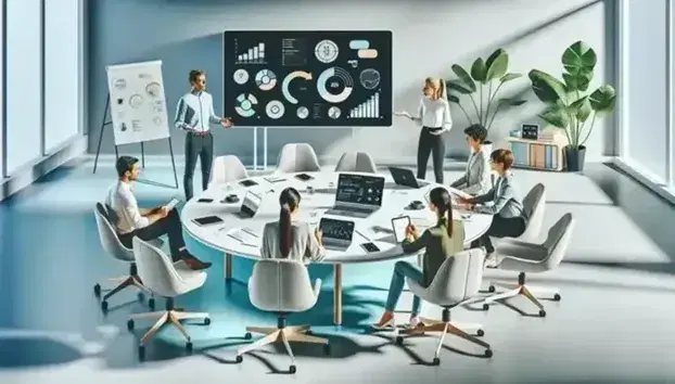 Ufficio marketing moderno con quattro professionisti in brainstorming attorno a un tavolo circolare, dispositivi elettronici sul tavolo, grande lavagna bianca e pianta verde.