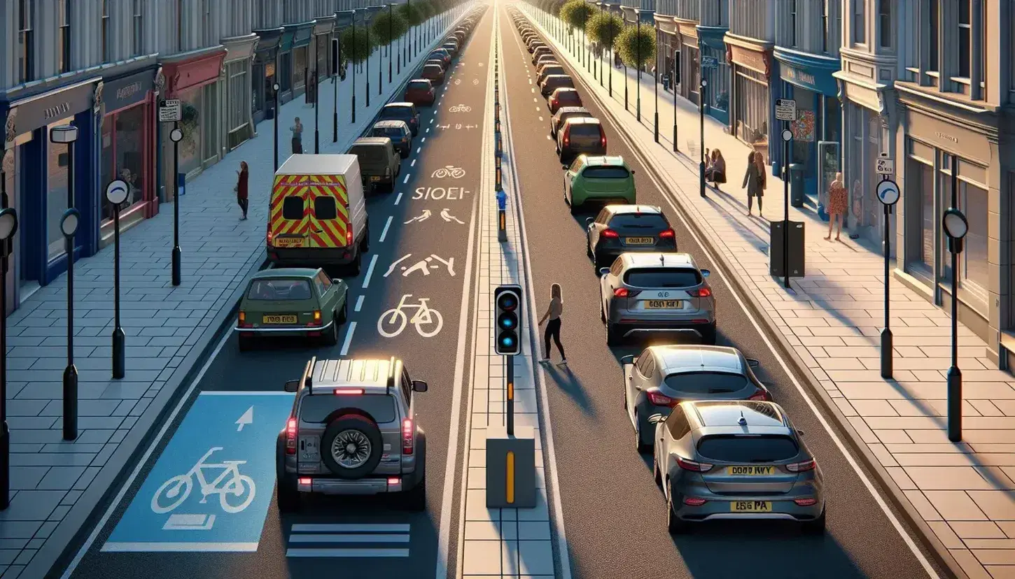 Strada cittadina soleggiata con auto parcheggiate ordinatamente, una fermata con le quattro frecce e pista ciclabile, circondata da vegetazione.