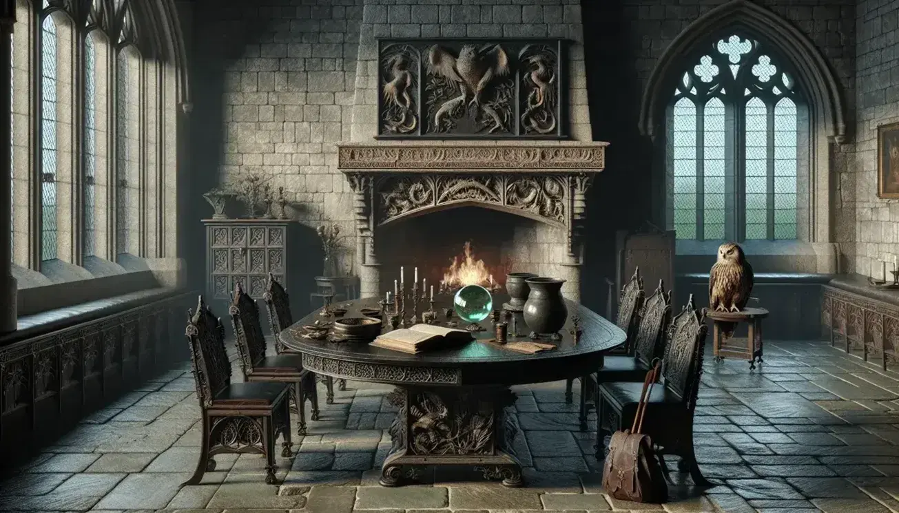 Sala antica in castello con tavolo in legno, sedie gotiche, sfera di cristallo, calderone, guanti, bacchetta e libro antico, gufo su trespolo e camino acceso.
