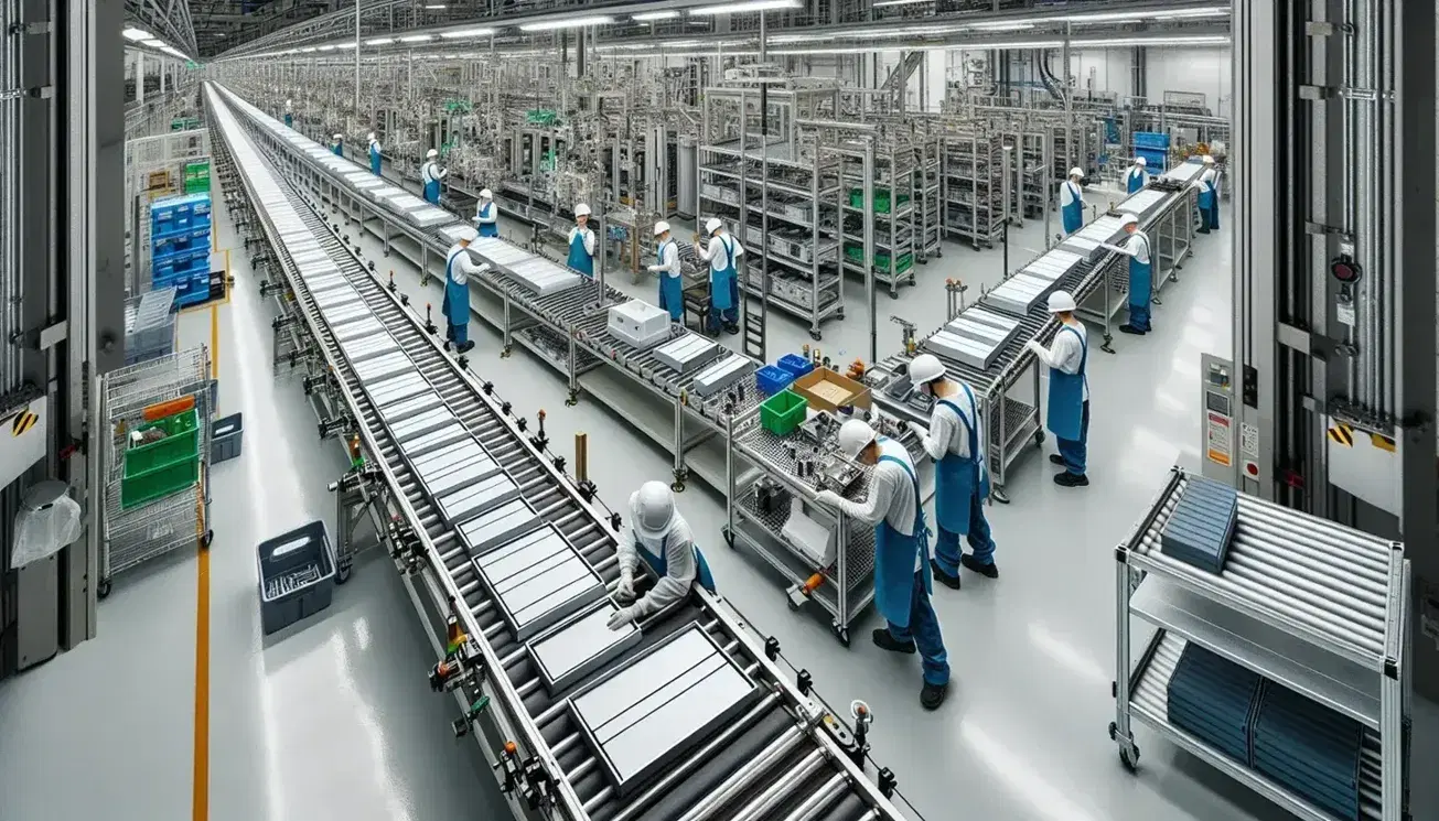 Línea de montaje en fábrica con trabajadores en uniforme azul y cascos blancos ensamblando productos en cinta transportadora, estanterías metálicas al fondo.