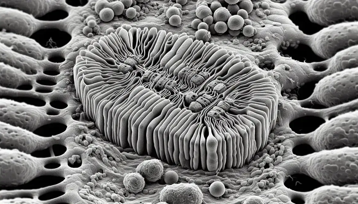 Micrografia elettronica di trasmissione che mostra l'apparato di Golgi in una cellula eucariotica, con cisterne e vescicole interagenti.