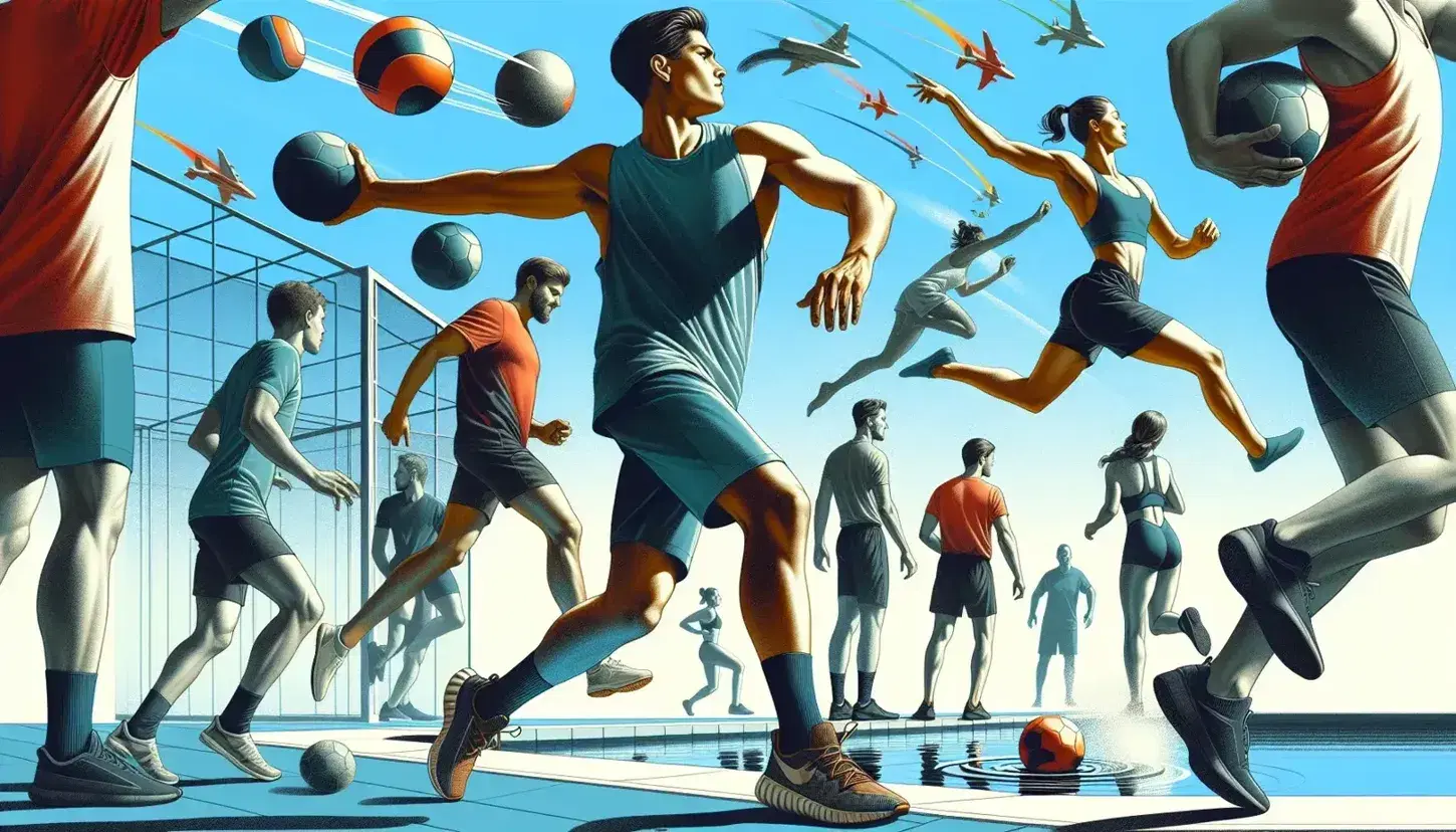 Grupo de atletas en acción practicando diferentes deportes al aire libre en un día soleado, incluyendo lanzamiento de disco, carrera, fútbol y natación.