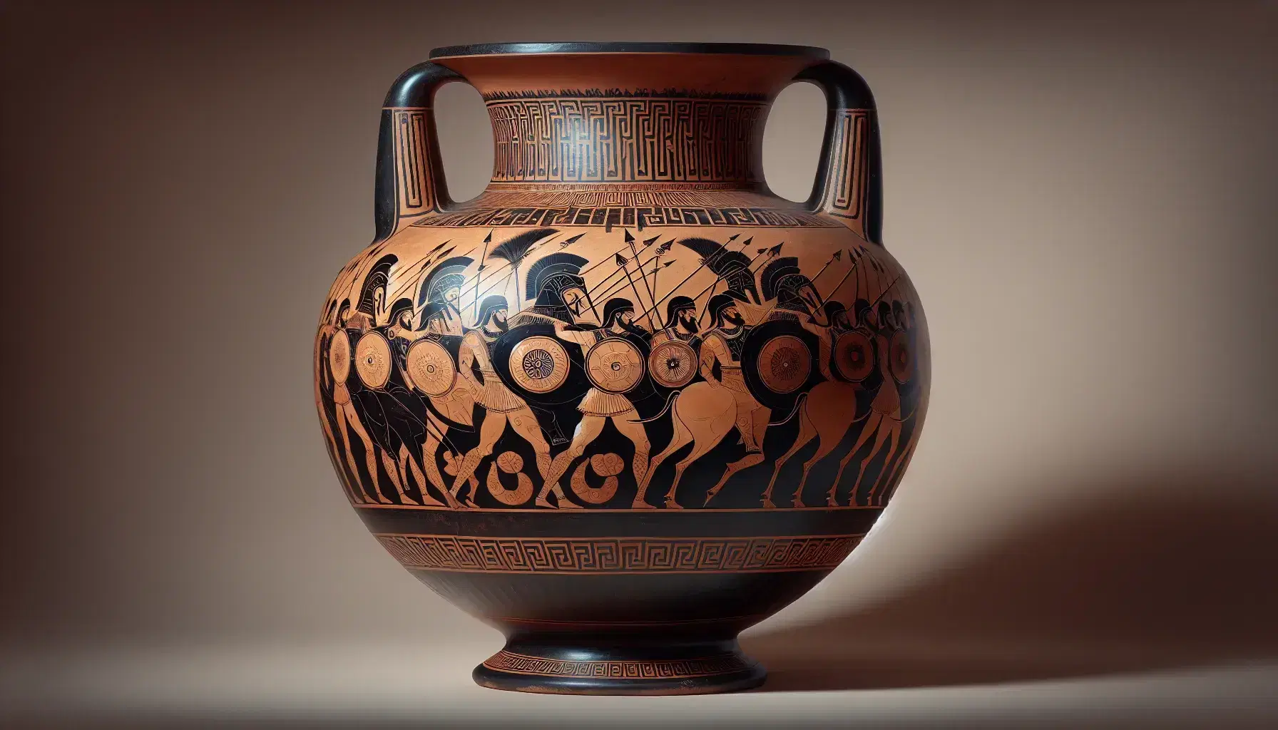 Ánfora griega antigua con escena de batalla, mostrando guerreros y caballos en movimiento, decorada con patrones geométricos en tonos terracota y negro.
