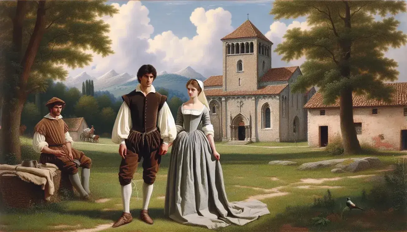 Giovane coppia in abiti del XVII secolo dialoga in campagna lombarda con chiesa romanica e anatre vicino a ruscello.