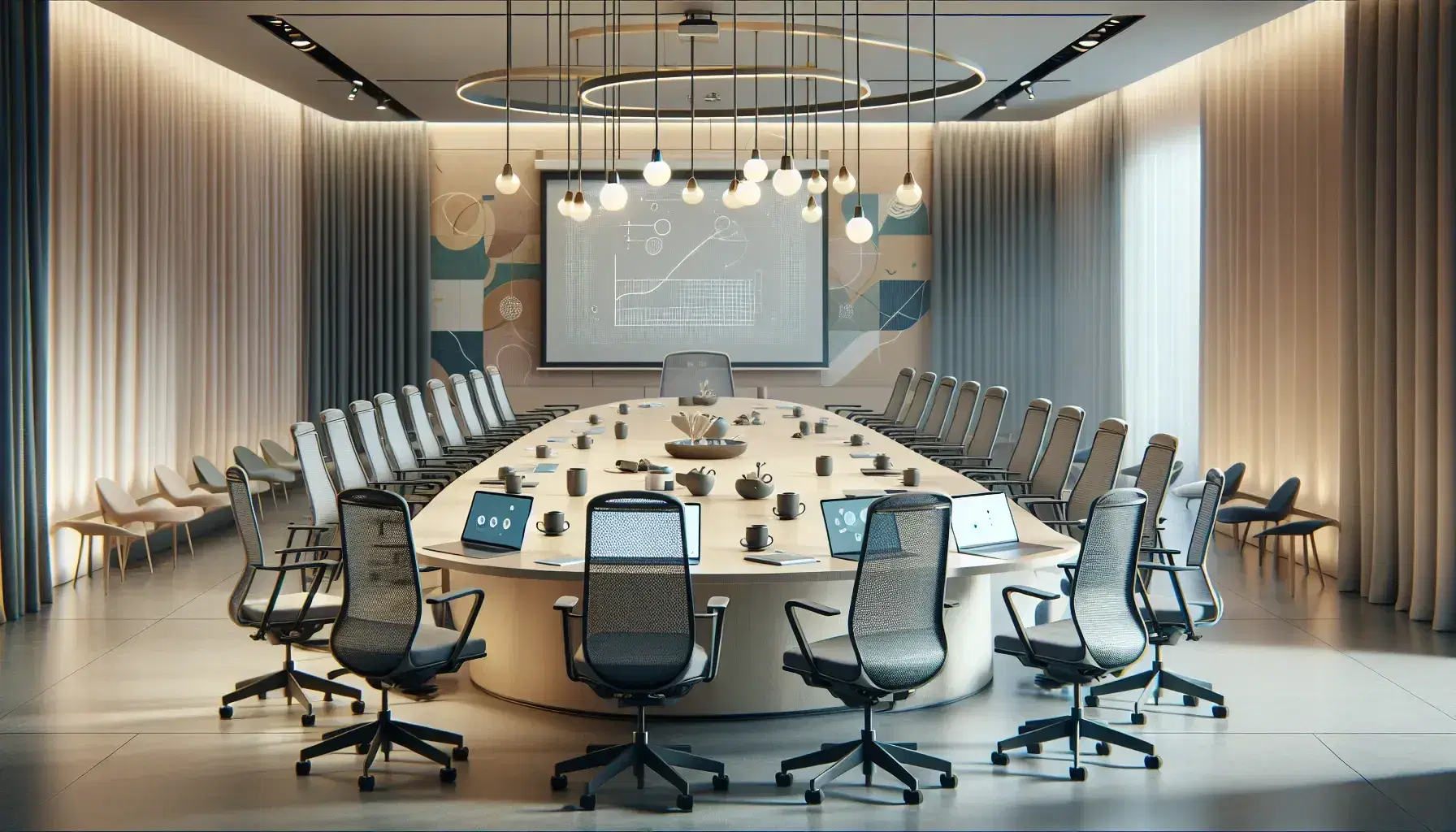 Sala de conferencias moderna con mesa ovalada, sillas ergonómicas, laptops, teléfonos y proyector, iluminada naturalmente y decorada con arte abstracto.