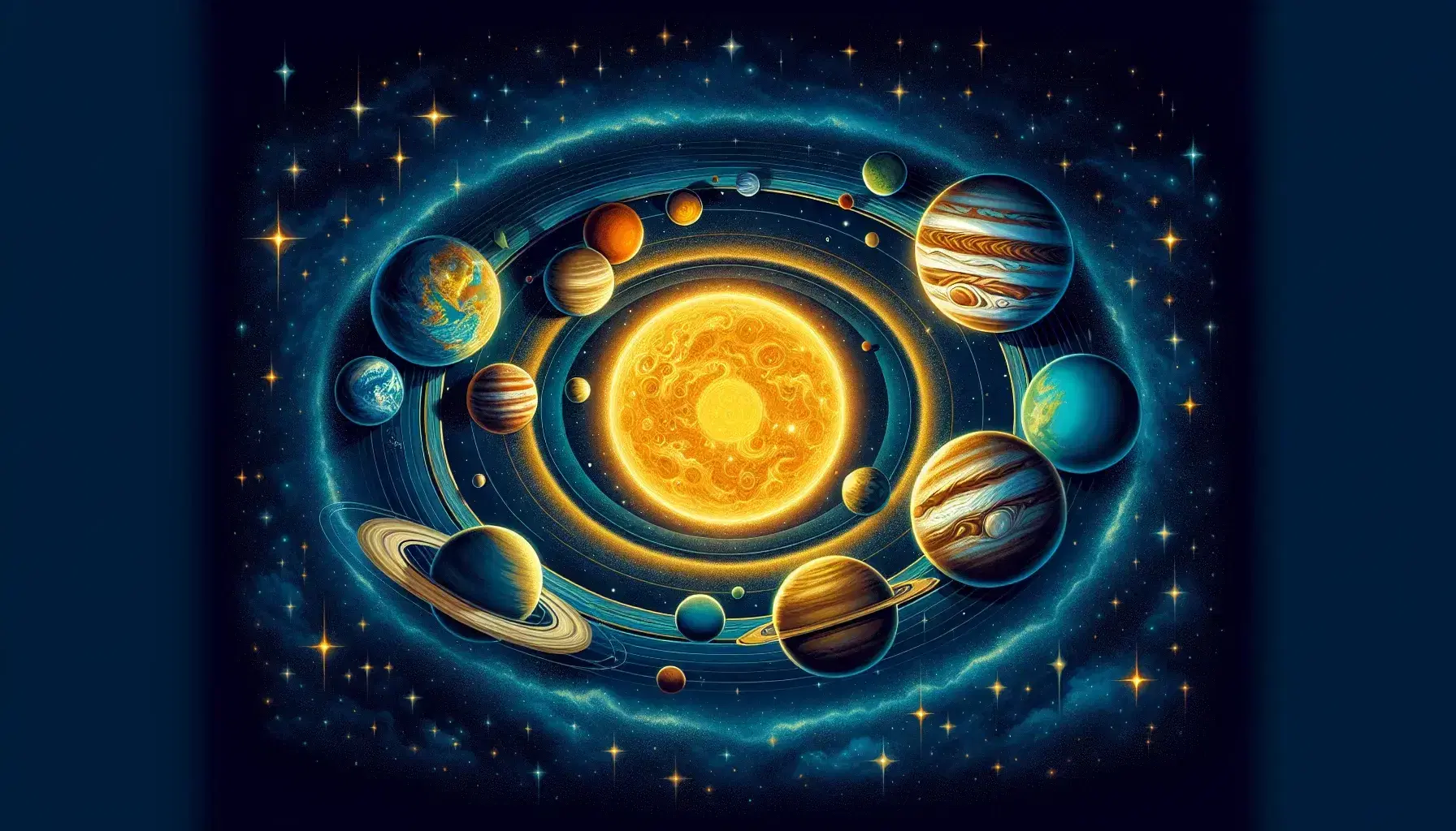 Cielo notturno stellato con illustrazione dettagliata del Sistema Solare, pianeti colorati in orbita attorno al Sole centrale.