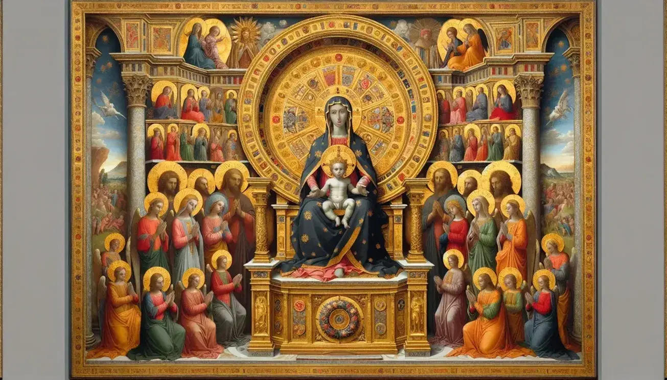 Riproduzione della Maestà di Santa Trinita di Cimabue, con Vergine e Bambino su trono dorato circondati da angeli e santi.