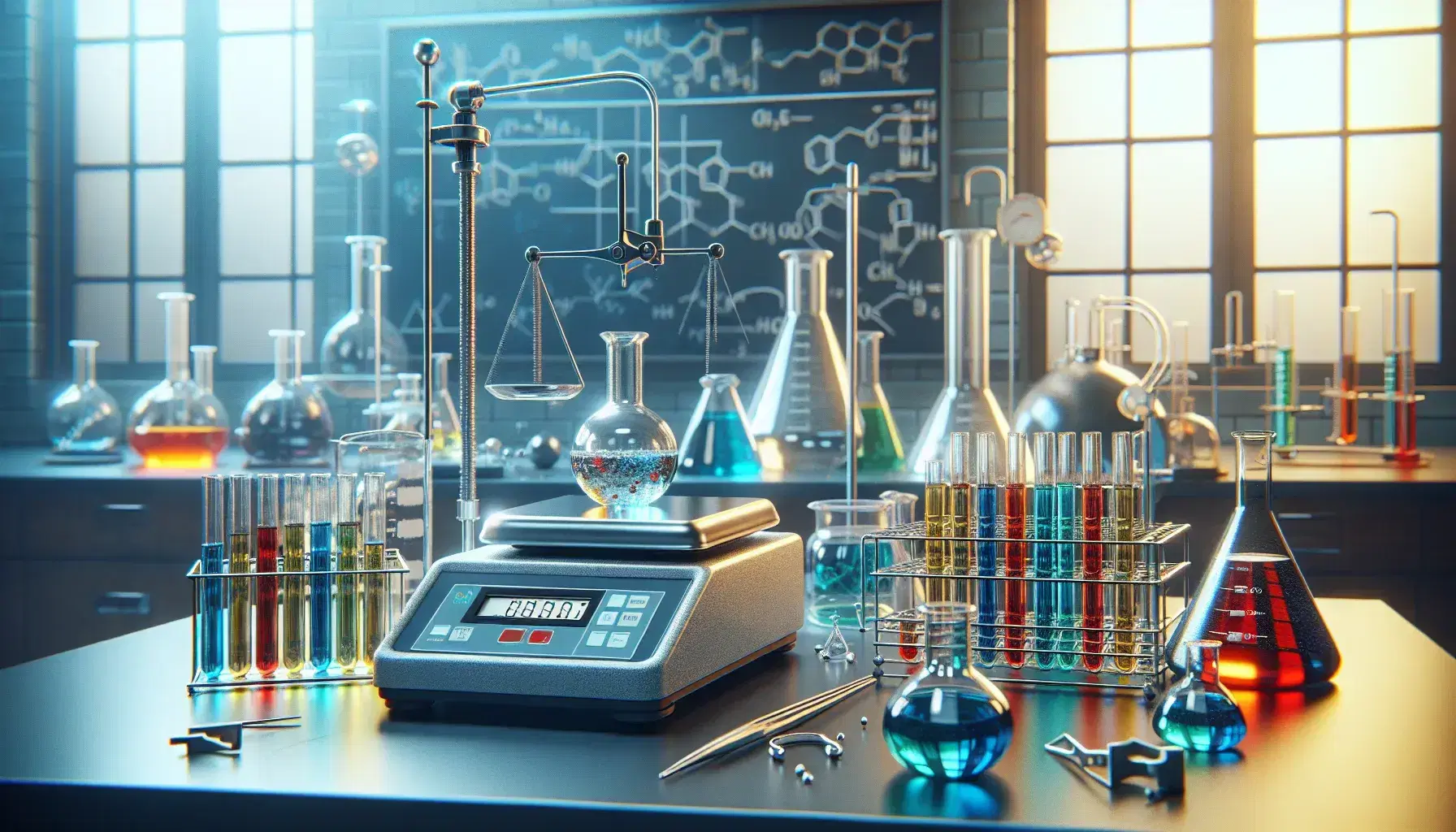Laboratorio de química con balanza de precisión, probetas con líquidos de colores, matraz Erlenmeyer y mechero Bunsen apagado.