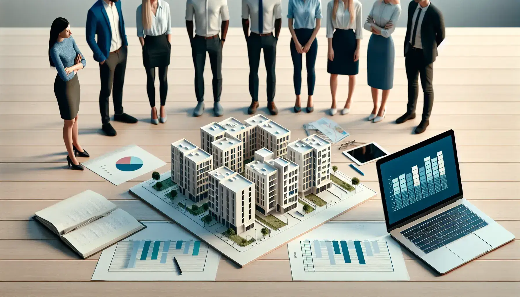 Grupo diverso de profesionales discutiendo un proyecto de arquitectura con un modelo 3D de edificios y gráficos de análisis en una mesa iluminada por luz natural.
