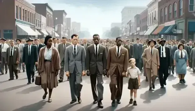 Historic civil rights march with different people in the foreground, man in dark suit, woman in light dress and child, in an urban street.