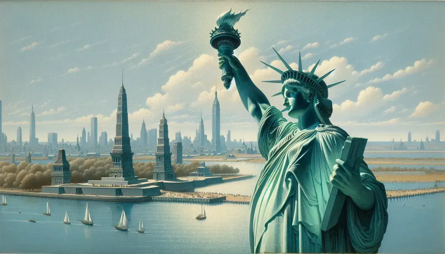 Statua della Libertà con torcia alzata e tavoletta su sfondo cielo azzurro, skyline di New York e barche nel porto.