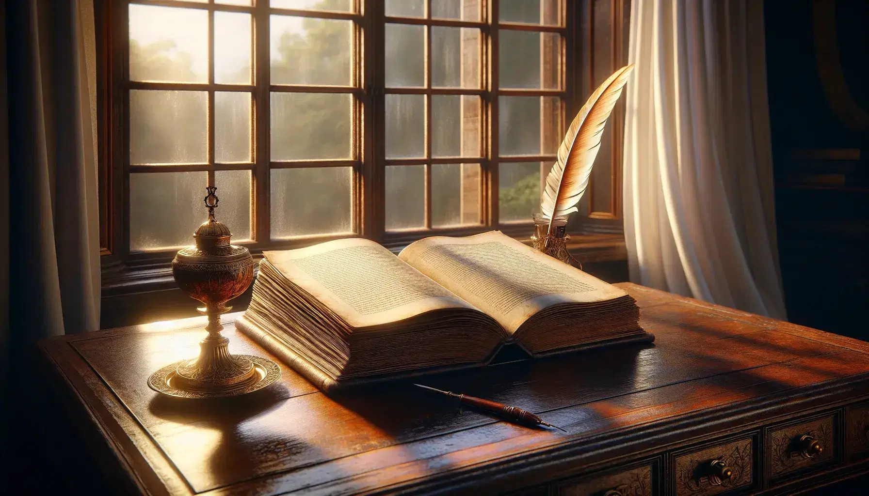 Antique study room with a wooden desk, open book, feather quill in inkwell, and a window overlooking a garden, conveying a peaceful ambiance.