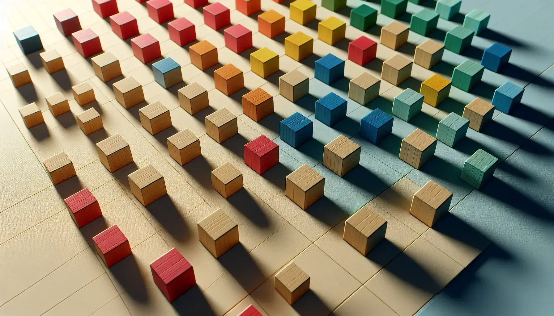 Bloques de madera en colores rojo, azul, verde y amarillo dispuestos en una cuadrícula 5x5 sin colores repetidos en filas o columnas.
