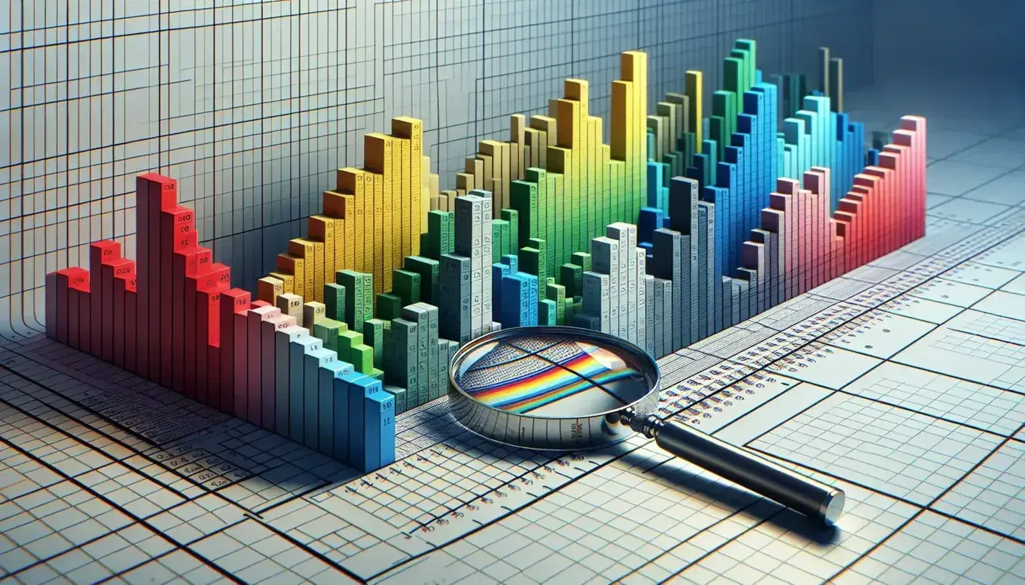 Grafici a barre tridimensionali colorati su asse x con lente d'ingrandimento, rappresentazione di analisi dati senza etichette.