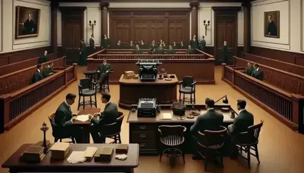 Empty courtroom with judge's bench, positions for lawyers and witnesses, closed doors and brass chandelier.