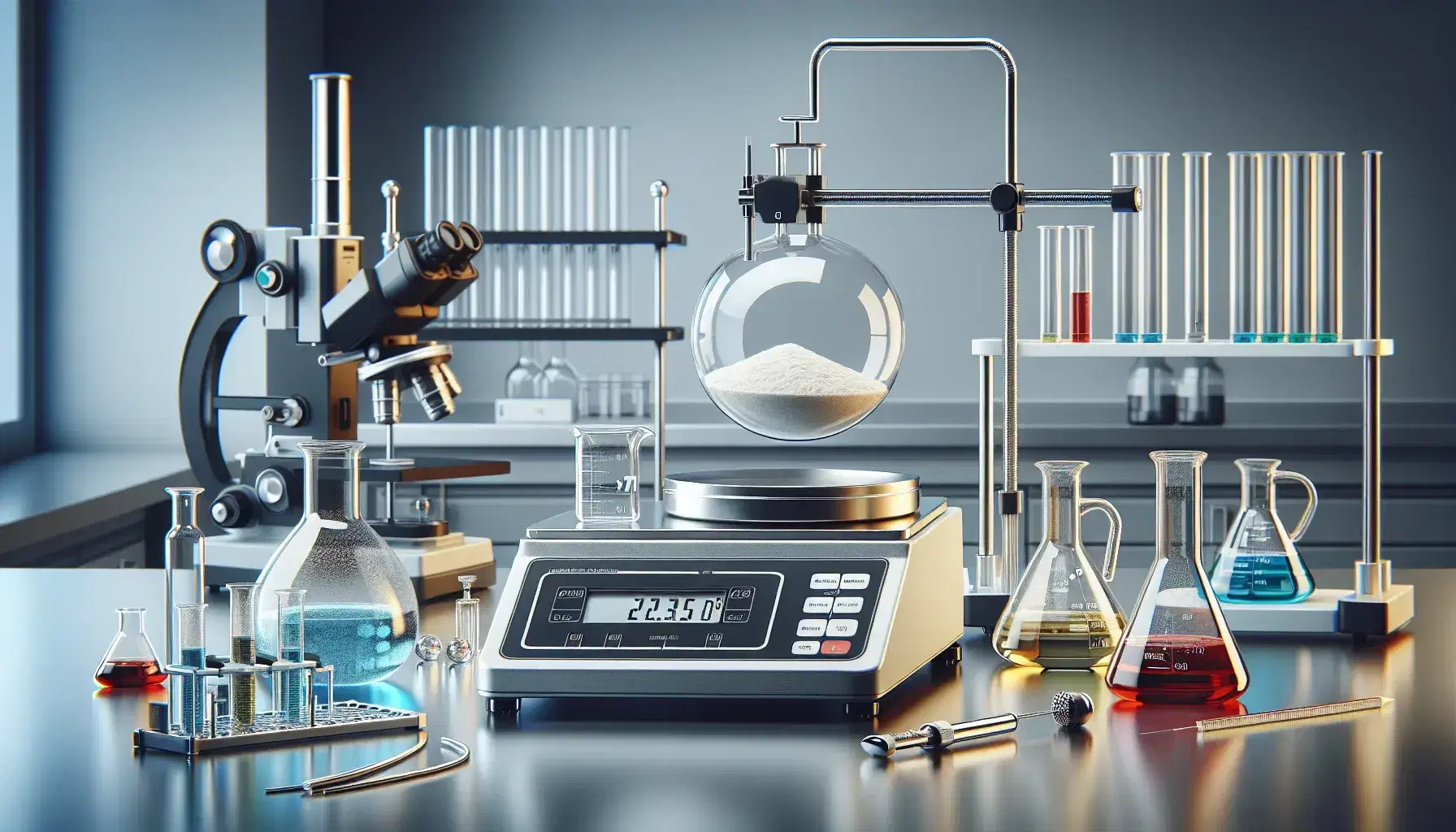 Laboratorio scientifico moderno con bilancia analitica, becher con liquidi colorati e microscopio, ambiente professionale e asettico.