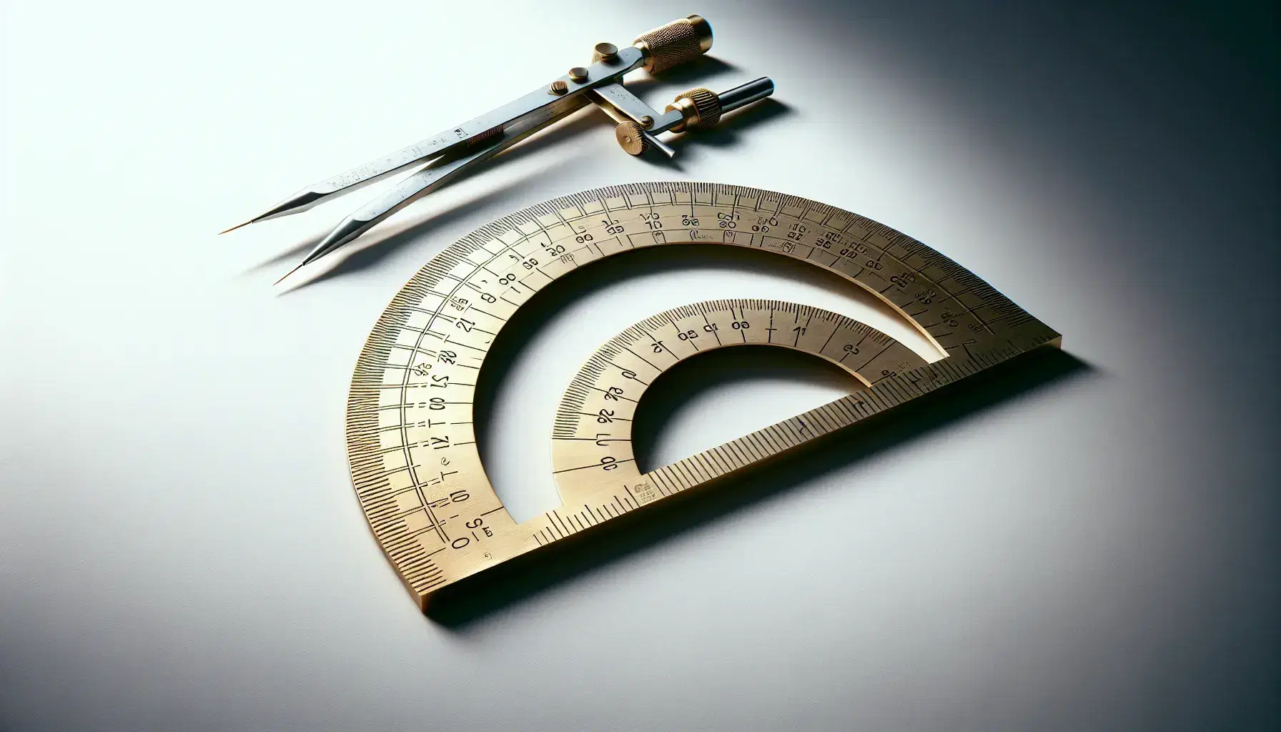 Brass semicircular protractor with etched degree marks and straight edge alongside metallic compass with pencil tip on white background, casting soft shadows.
