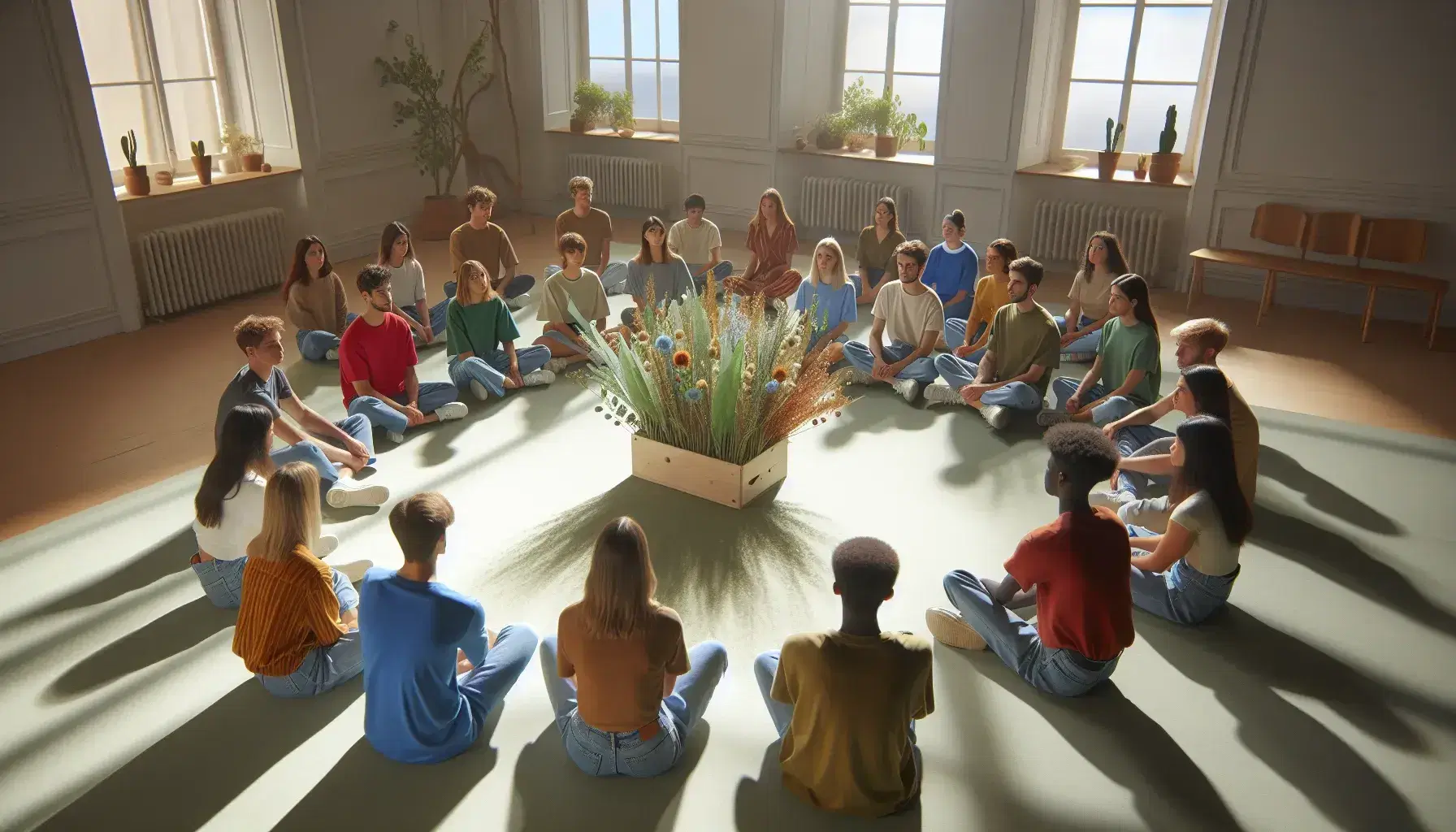 Grupo diverso de estudiantes sentados en círculo en el suelo con una caja de madera y flores en el centro, en una habitación iluminada naturalmente.