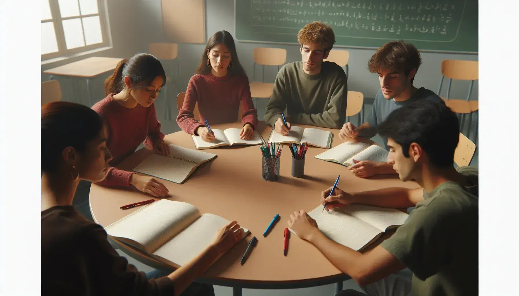 Students engage in a language class, with notebooks and pens on a wooden table, a female and male student discussing, in a bright, poster-adorned room.