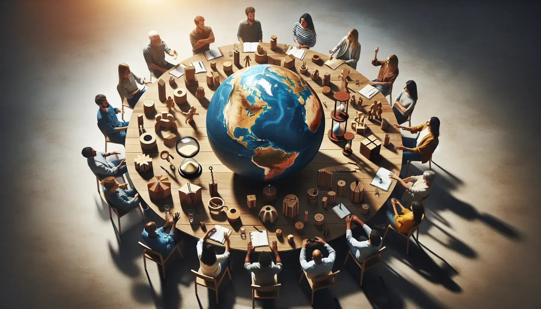 Grupo diverso de personas en animada discusión alrededor de una mesa con un globo terráqueo, lupa, reloj de arena y bloques de madera, en un ambiente de colaboración.