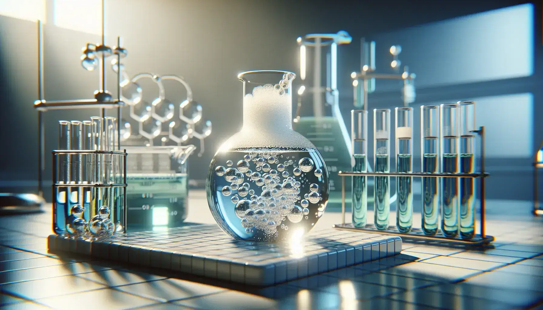 Chemical laboratory with beaker on ceramic tile, reaction with bubbles, colored test tubes and inactive balance scale.