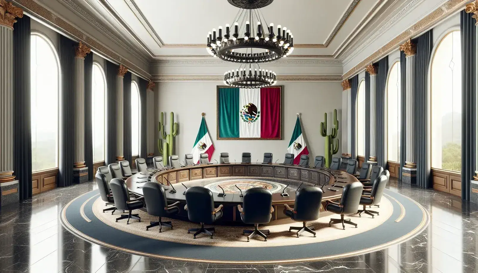 Sala amplia con mesa ovalada, sillas azules y micrófonos, bandera tricolor y escudo nacional en la pared, iluminada por lámparas colgantes.
