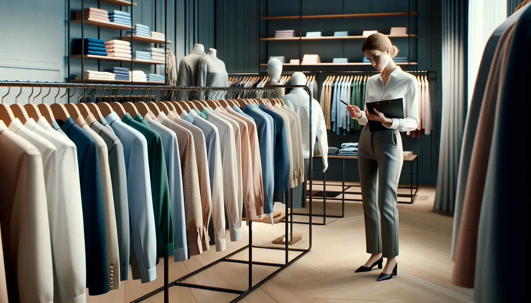 Neatly organized clothing store with wooden hangers on a metal rack, various colored garments, a mannequin in a blazer, and a woman with a clipboard.