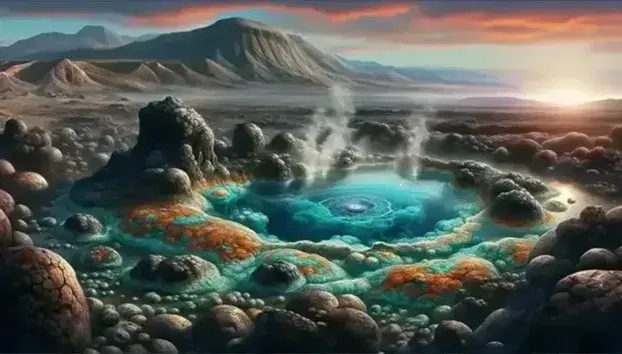 Serene prehistoric landscape with a bubbling hot spring, steam rising, surrounded by mineral-rich rocks and dormant volcano under a sunset sky.