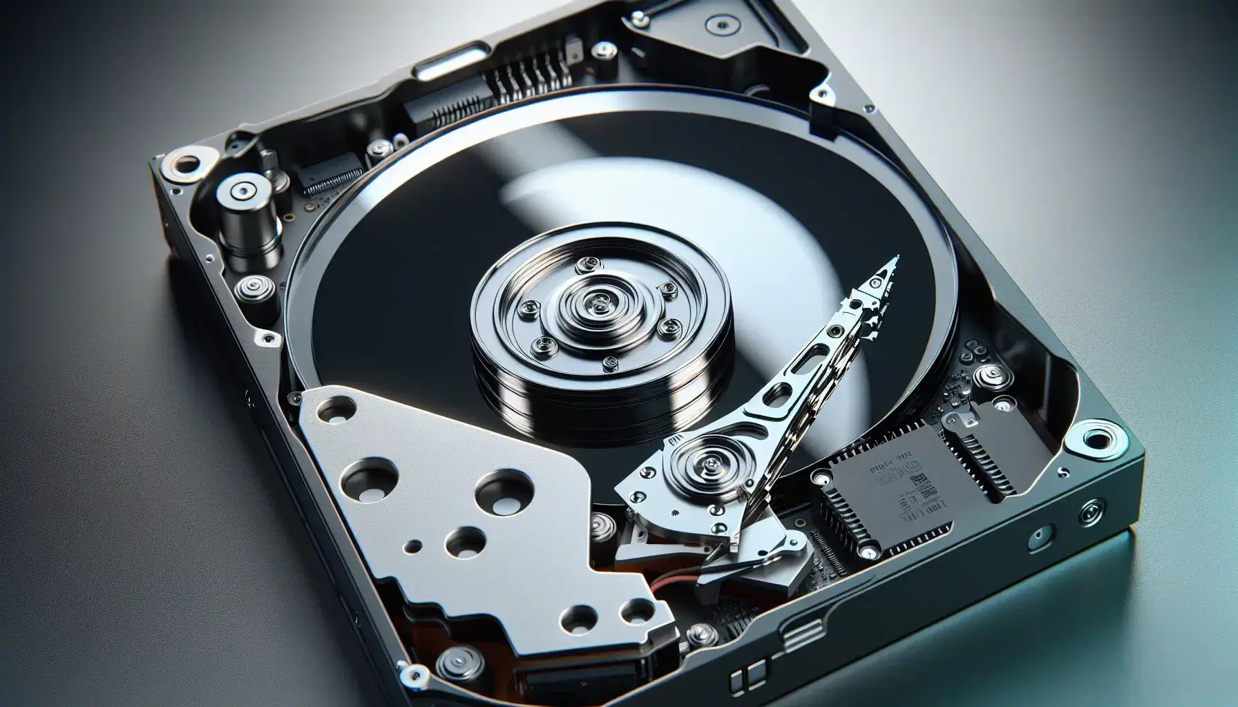 Internal view of a hard disk with reflective platter and read-write arm placed on top, mechanical details and blurred background.