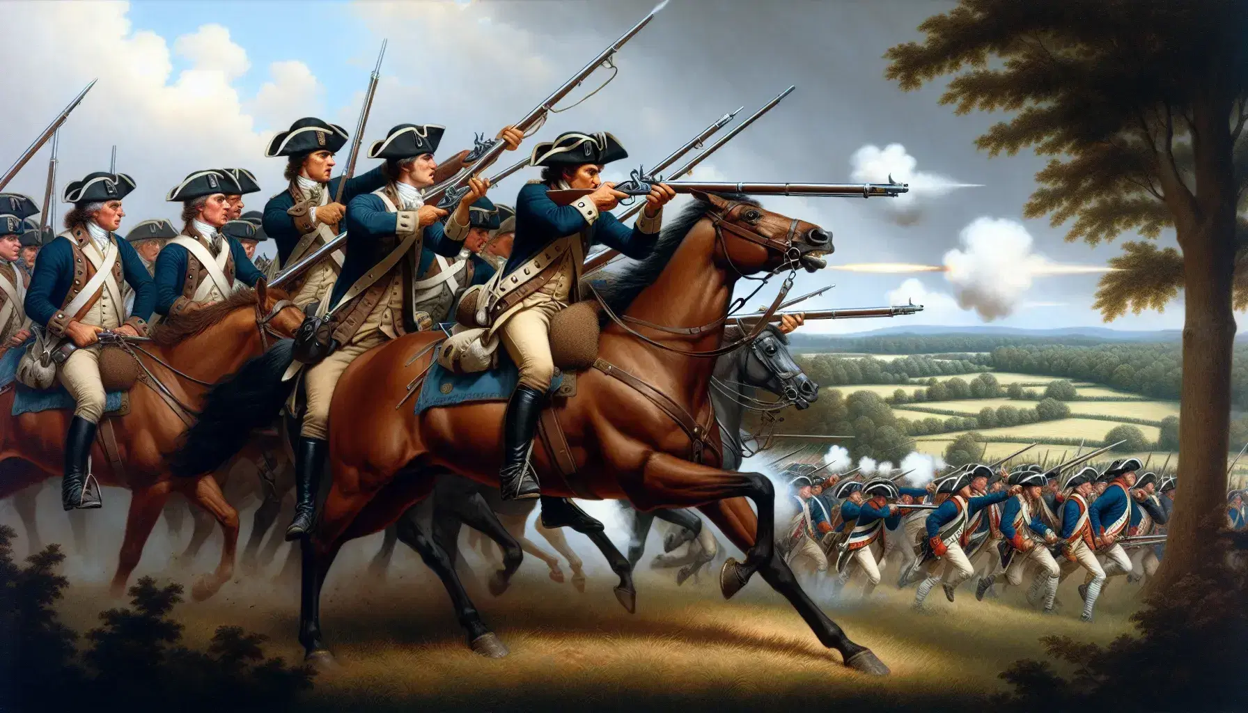 Revolutionary War battle scene with colonial soldiers firing muskets, a commanding officer on horseback, and a smoke-filled sky over rolling hills.