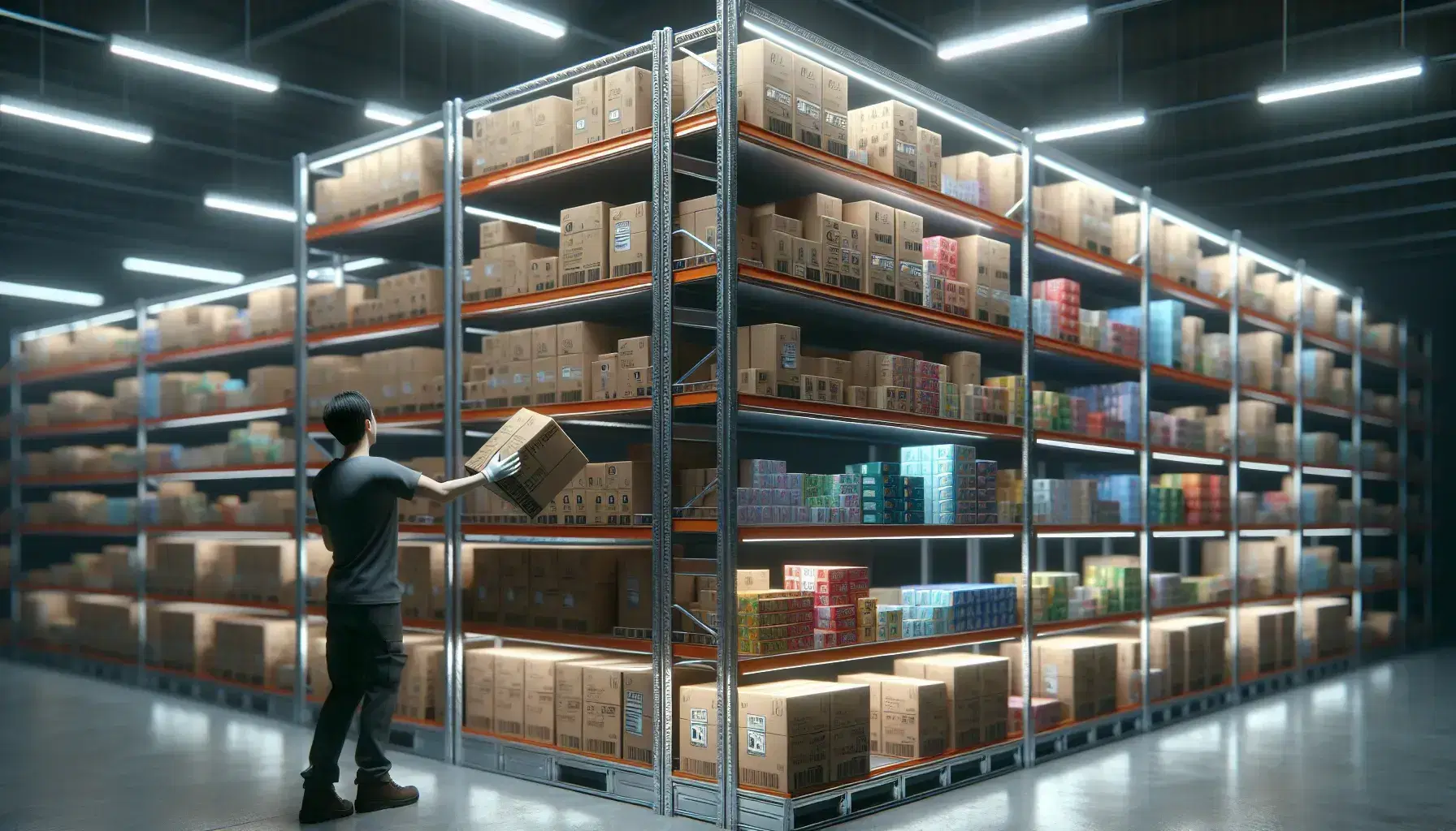 Trabajador de espaldas organizando cajas de colores variados en estanterías metálicas dentro de un almacén iluminado.