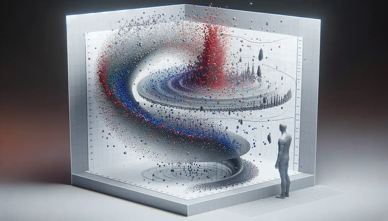 Three-dimensional graph with blue to red colored dots indicating density, curved model line and human figure observing.
