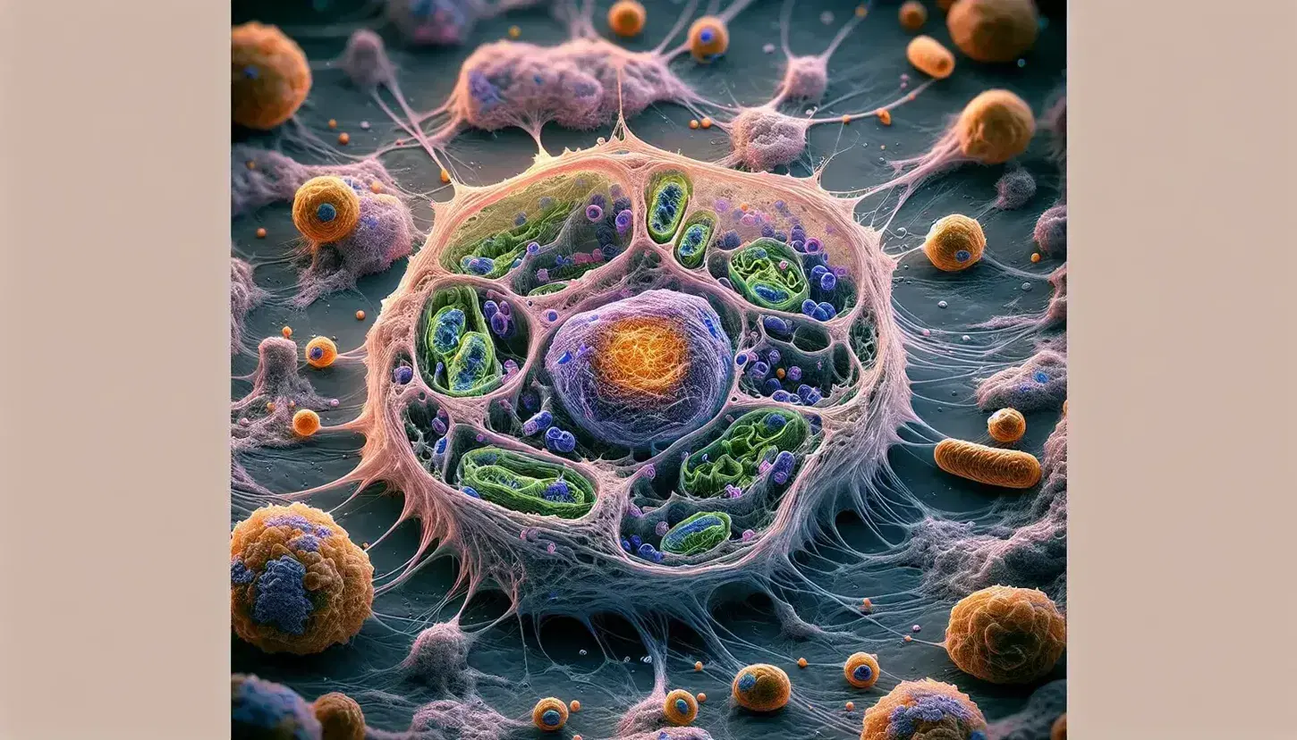 Vista microscópica de células en tejido destacando una célula grande con núcleo oscuro, organelos naranjas y matriz extracelular transparente.