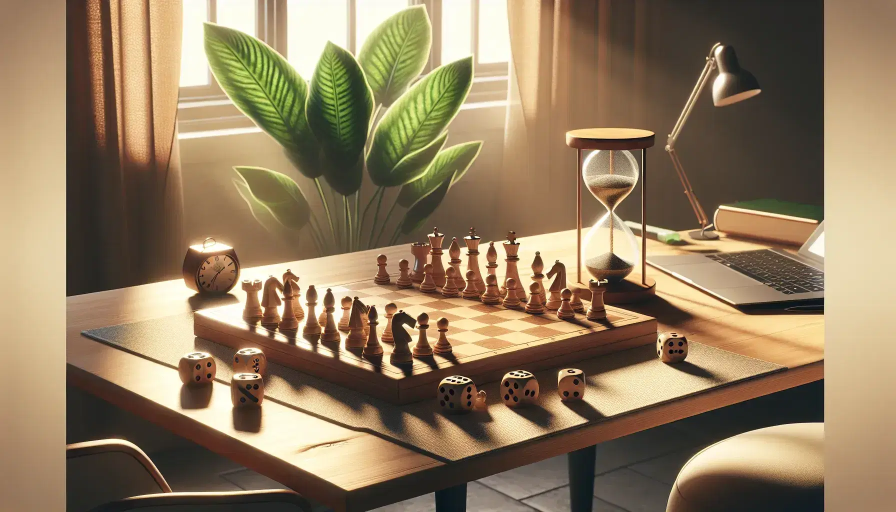 Tablero de ajedrez con piezas en posición de juego, dados con números cinco y tres, y reloj de arena en mesa de madera iluminada por luz natural.