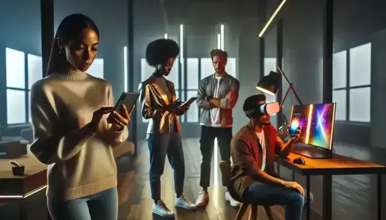 Four people of different ethnicities use multimedia technologies in a modern space with soft lighting, interacting with smartphones, VR and tablets.
