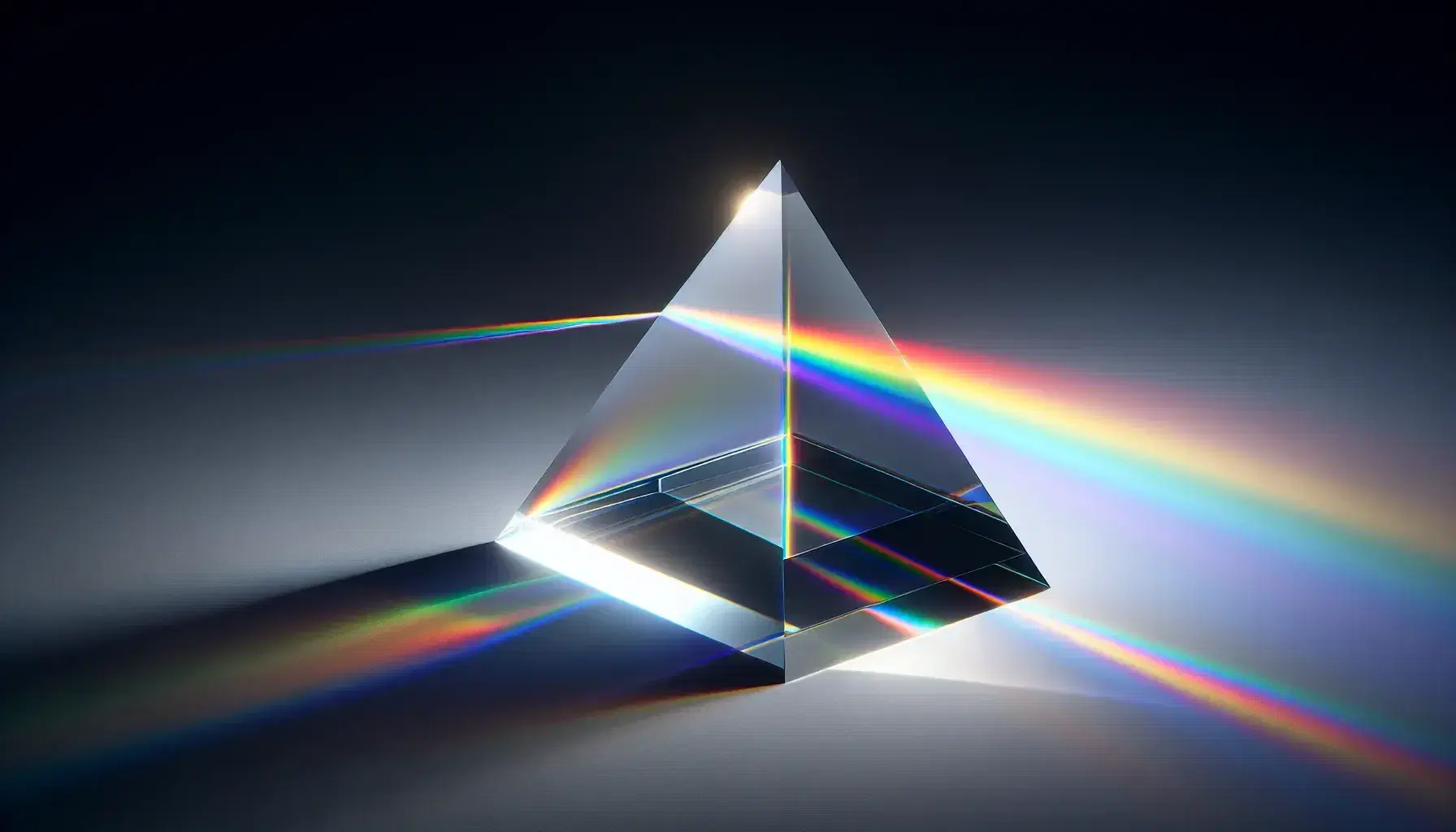 Prisma de vidrio transparente dispersando luz blanca en espectro de colores sobre superficie blanca, mostrando secuencia de arcoíris desde rojo a violeta.