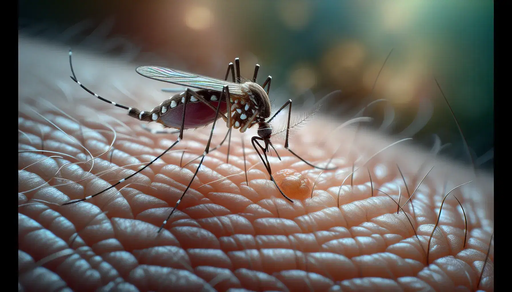 Primer plano de un mosquito Aedes aegypti alimentándose en piel humana con leve inflamación y marca rojiza, destacando sus patas rayadas y tonos marrones.
