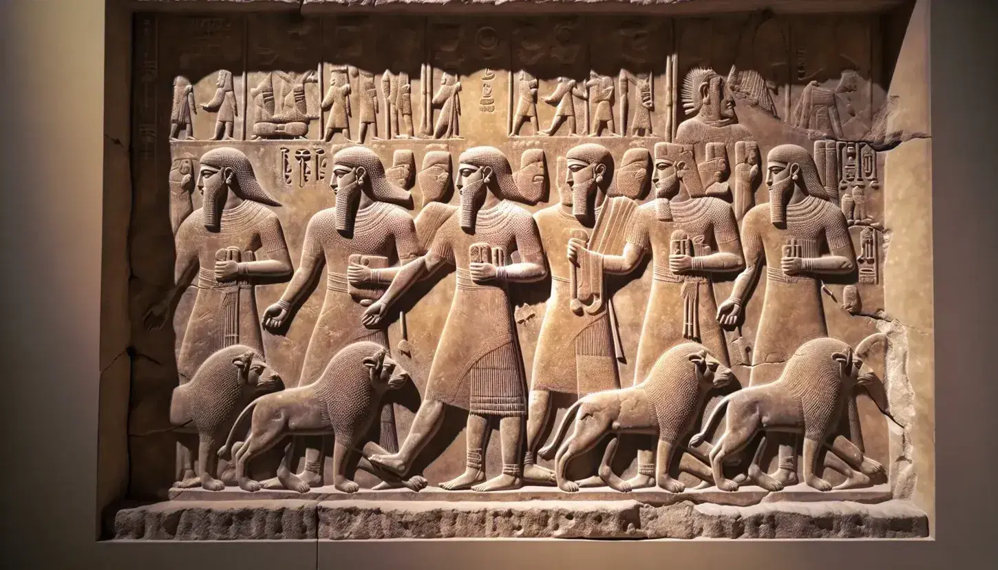 Bassorilievo mesopotamico antico su parete di arenaria con figure umane in processione cerimoniale e animali dettagliati come leoni e tori.