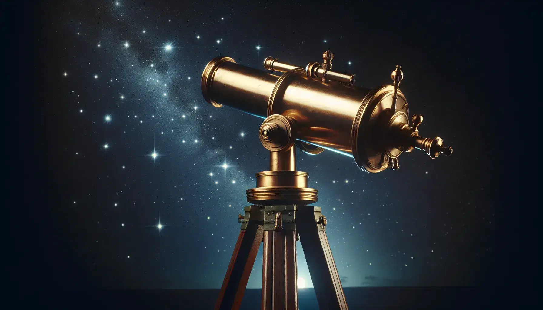 Telescopio antico in ottone su treppiede di legno scuro puntato verso costellazione luminosa in cielo notturno stellato senza nuvole.