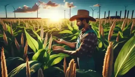 Hispanic farmer examines seeds in sunlit field with towering crops and wind turbines in the background, showcasing sustainable agriculture.