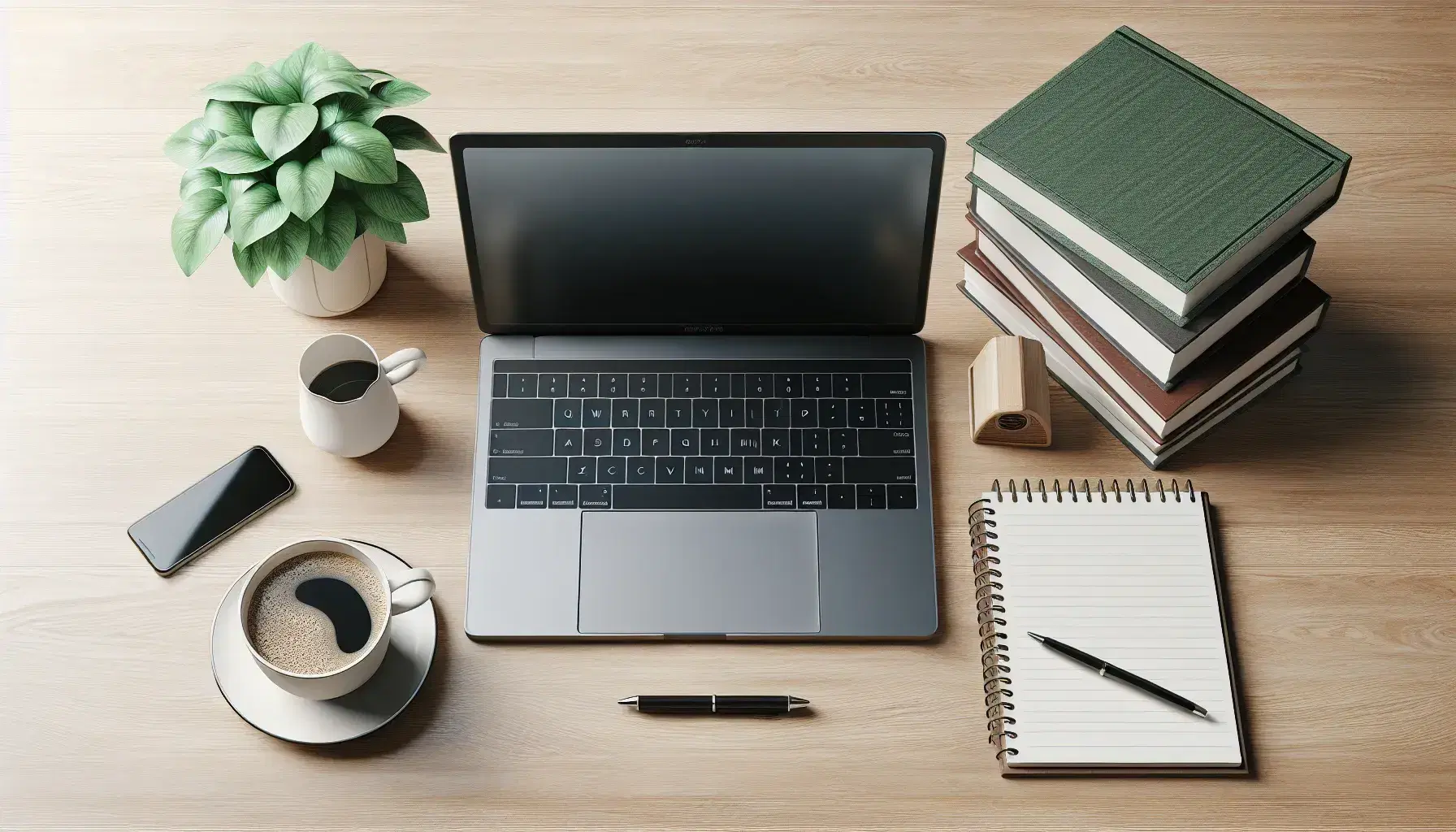 Organized desk with open laptop, cup of steaming coffee, green plant and notepad with pen, in bright environment.