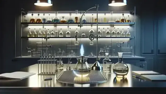 Laboratorio chimico moderno con tavolo in acciaio, becher con liquidi incolori, bruciatore Bunsen acceso e bottiglie su scaffali.