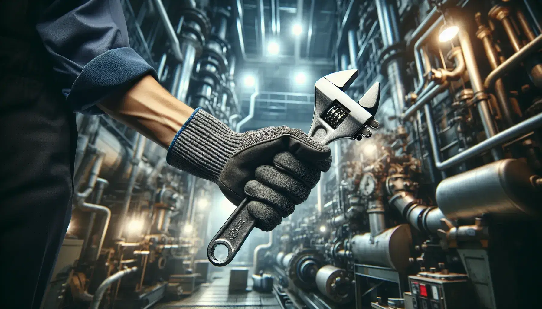 Manos con guantes de trabajo sujetando una llave ajustable en un entorno industrial con maquinaria desenfocada en el fondo, destacando la acción de mantenimiento o reparación.