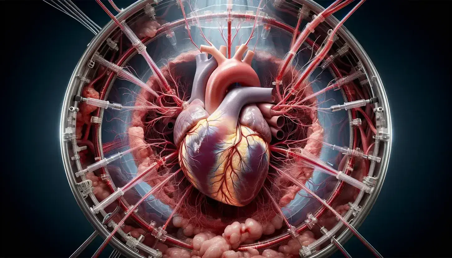 Cuore umano esposto durante chirurgia a torace aperto con valvole cardiache visibili, sistema di conduzione elettrica e polmoni compressi ai lati.
