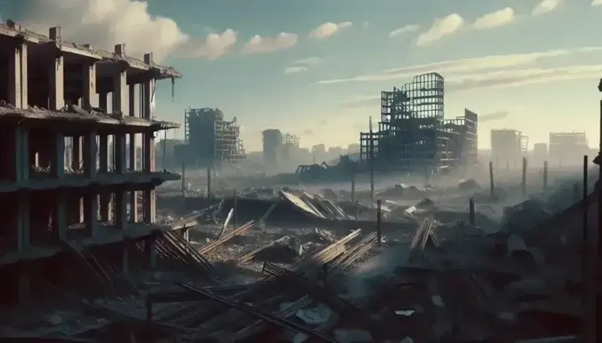 Paisaje urbano devastado con edificios en ruinas, escombros dispersos y estructuras de concreto con varillas de acero expuestas bajo un cielo azul claro.