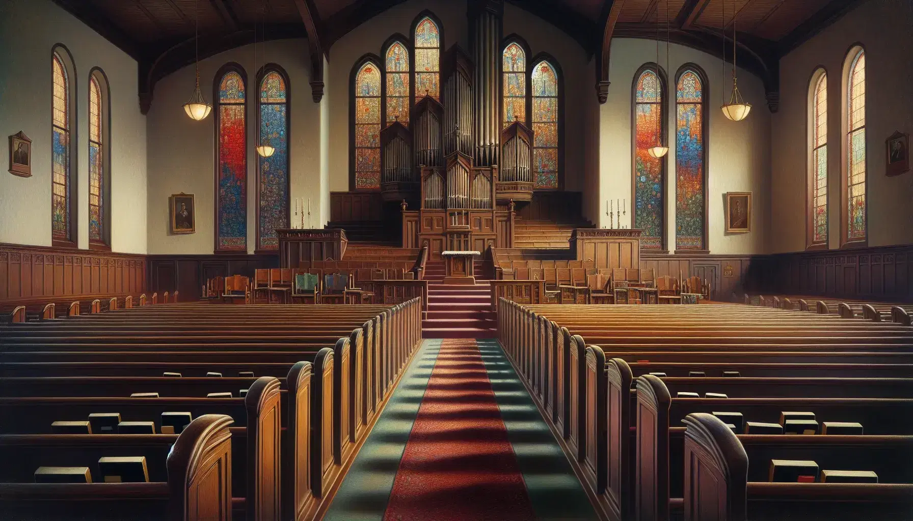 Mid-20th century American church interior with polished mahogany pews, a central aisle with red carpet leading to a simple walnut pulpit, and soft light from stained glass windows.