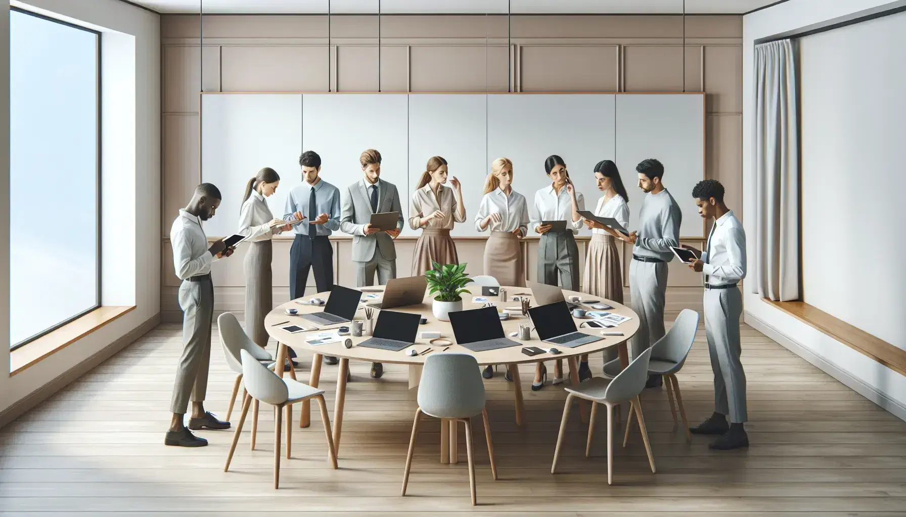 Grupo de profesionales multirraciales colaborando en una reunión de trabajo en una oficina luminosa, con laptops, tablets y notas sobre una mesa ovalada.