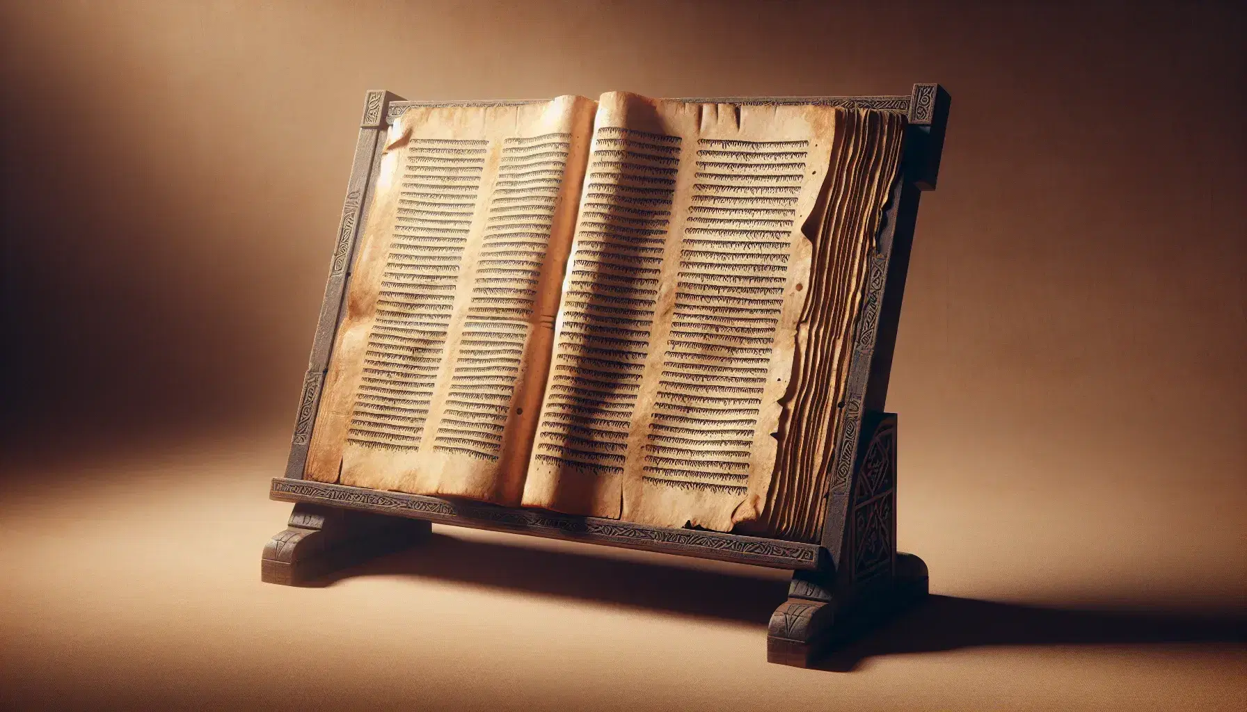 Manoscritto antico su leggio in legno scuro, pagine avorio ingiallite, testo in inchiostro nero senza margini, dettagli intagliati sul leggio.